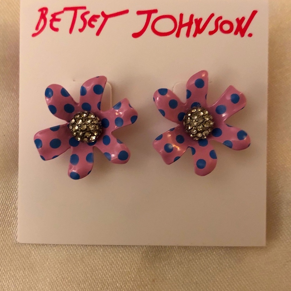Betsey Johnson Enchanted Garden Pink Flower Stud Earrings Blue Polka Dots NWT